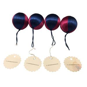 Anthropologie 2" Royal Blue Wine Striped Thread Ball Ornaments Set of 4